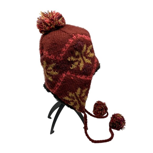 Handmade Chaos Knit Wool & Acrylic Earflap Hat With Pom-Poms - Picture 7 of 7